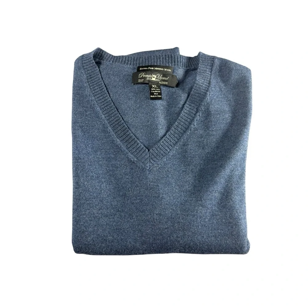 Pronto Uomo Extra Fine Merino Wool Sweater Mens XL Blue V Neck Pullover